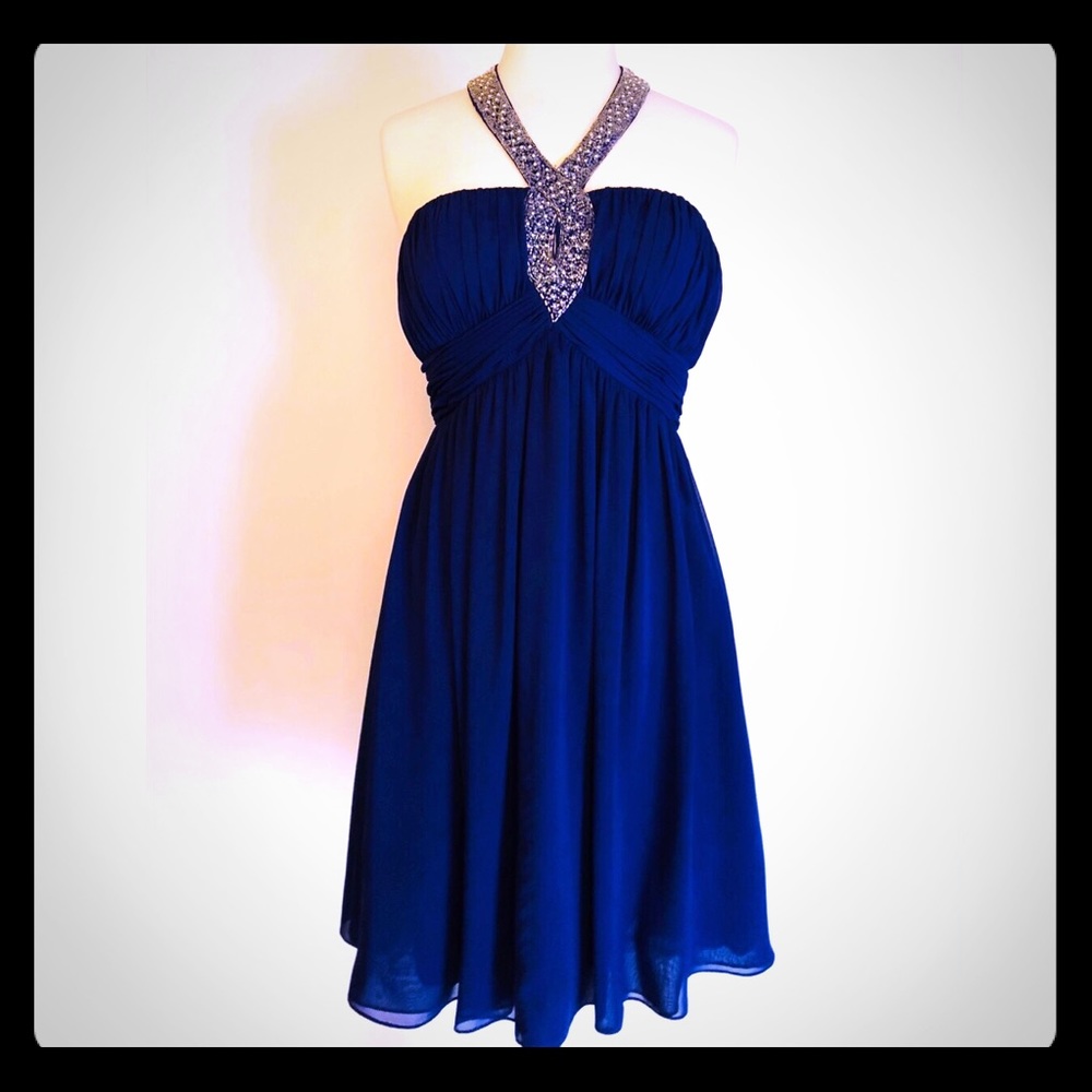 Navy Chiffon Beaded Halter Dress Size 10